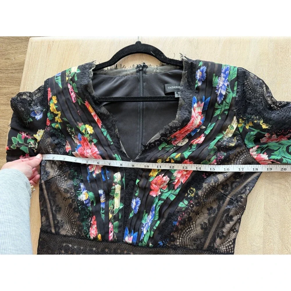 TADASHI SHOJI Lorely Floral Maxi Gown Balloon Sleeves V Neck Lace Black Size 8 - Picture 7 of 11